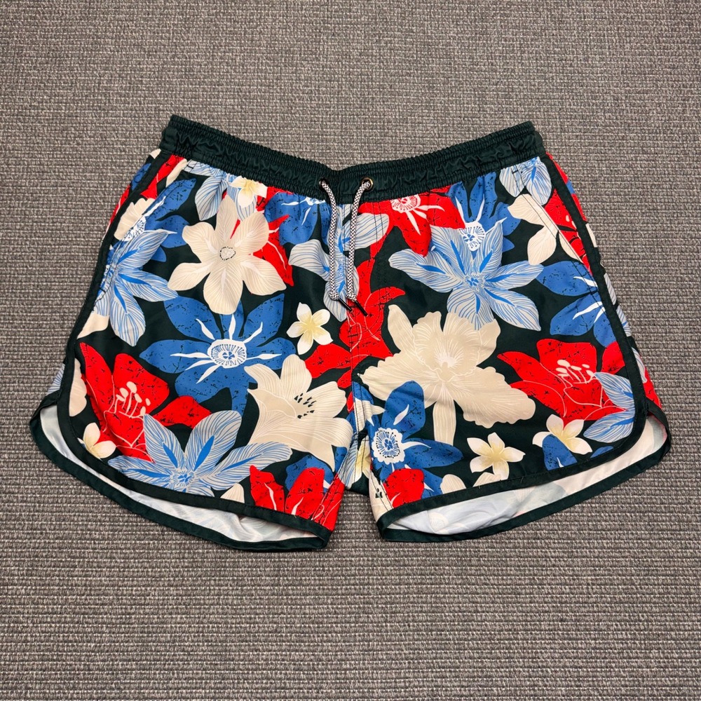 Maamgic Mens Tropical Floral Swim Trunks Green Red Blue Mesh Lined Size Medium